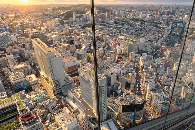 Вид на Токио с обзорной площадки SHIBUYA SKY через стеклянные панели