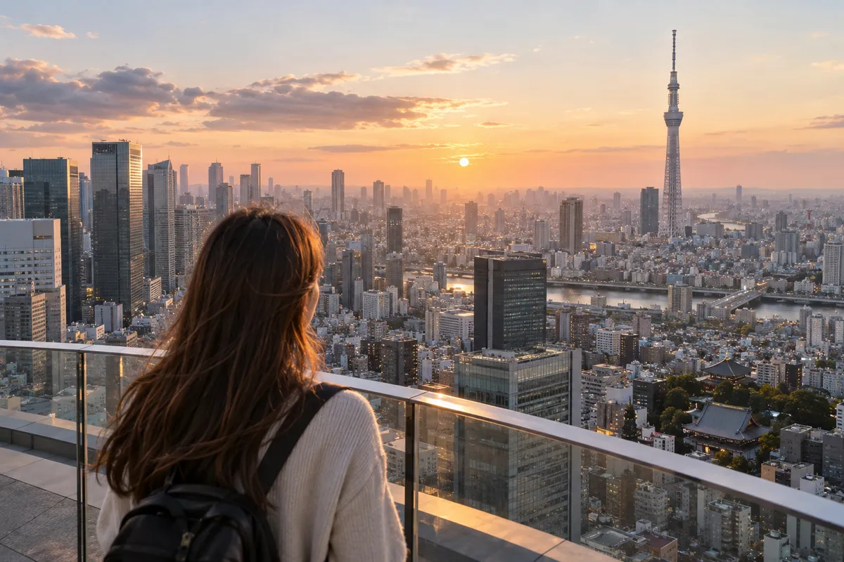 Панорама Токио с телебашней Tokyo Skytree на закате
