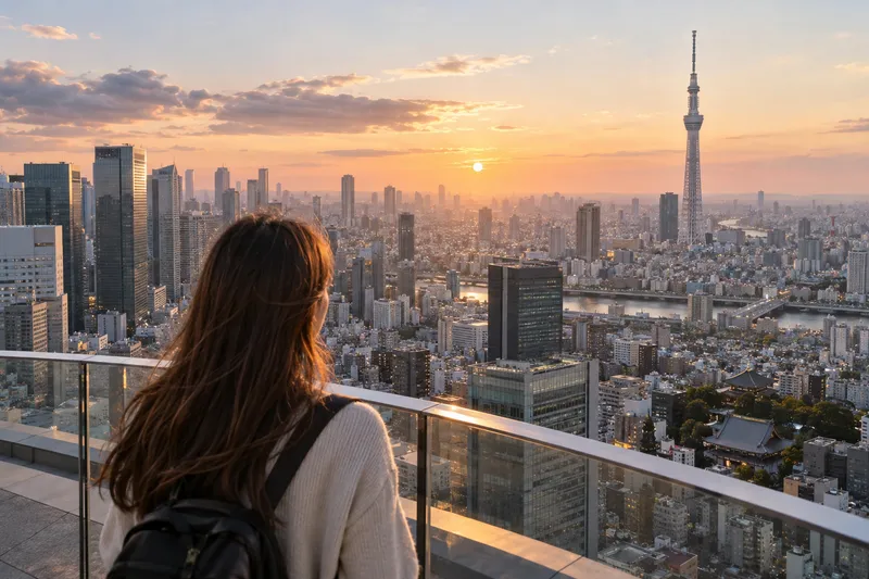 Панорама Токио с телебашней Tokyo Skytree на закате